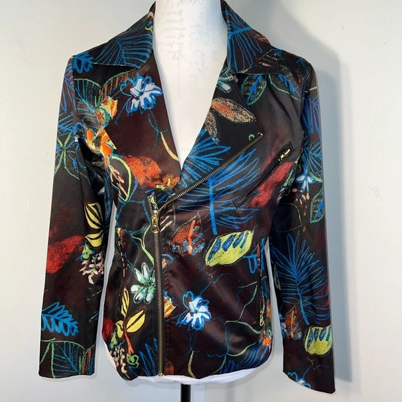 Chico’s,0,Sateen whimsical night, zip front, sleeves, pockets gold tone finish - Picture 7 of 10